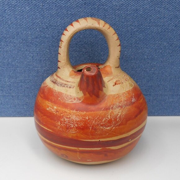 VINTAGE SMALL MEXICAN CLAY POT HAND PAINTED POTTERY WATER JUG FOLK ART TONALA - Picture 2 of 8